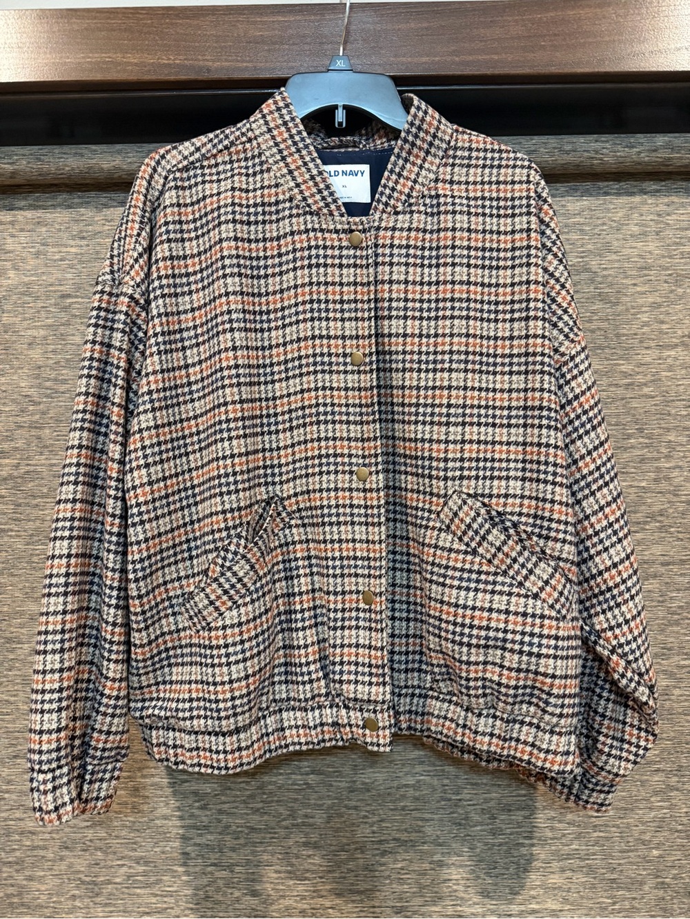 Old Navy Houndstooth Bomber Jacket — Brown, Black & Cream